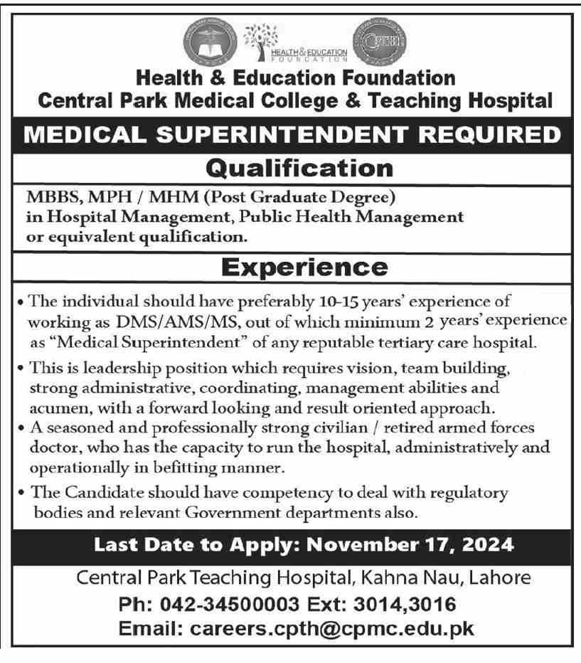 Employment at Central Park Teaching Hospital in Lahore, 2024