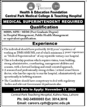 Employment opportunities at Central Park Medical College in Lahore, 2024