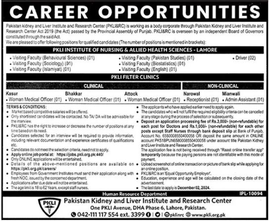 Jobs in the Pakistan Kidney and Liver Institute (PKLI) in Lahore, 2024