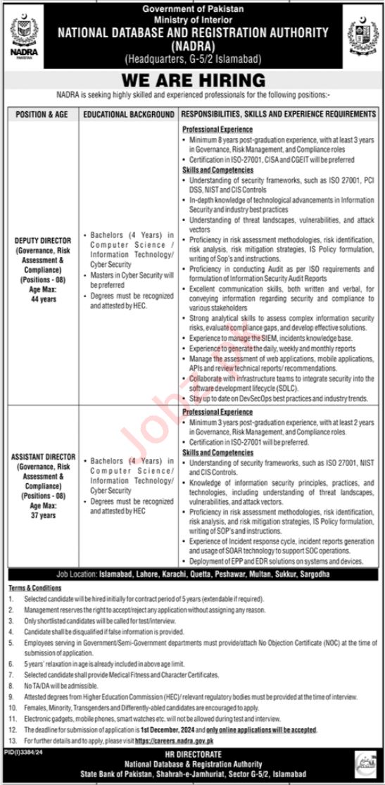 Jobs 2024 at the National Database & Registration Authority (NADRA)