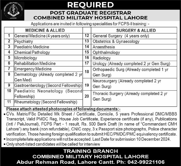 Postgraduate Jobs at Combined Military Hospital as Registrars