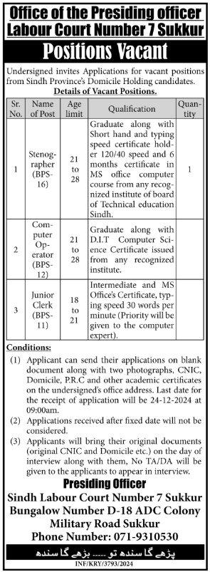 Labour Court Sukkur Jobs 2024 For Stenographers