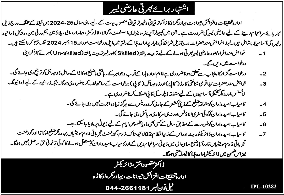 Jobs 2024 at the Livestock Production Research Institute in Okara