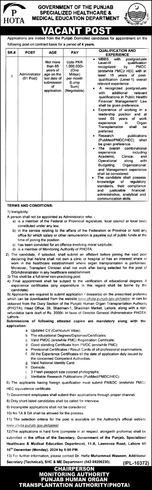 Employment at the PHOTA Punjab Human Organ Transplantation Authority in 2024