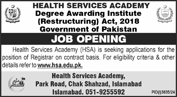 Employment Openings for Registrars at Health Services Academy HSA Islamabad.