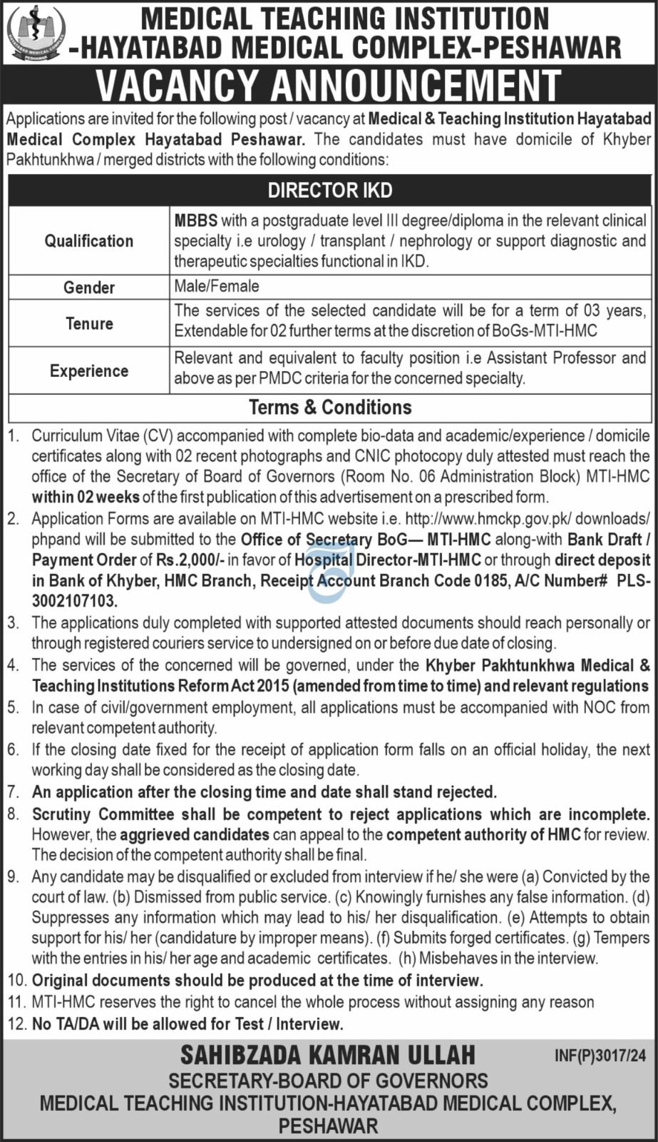 Hayatabad Medical Complex HMC Jobs 2024: Director