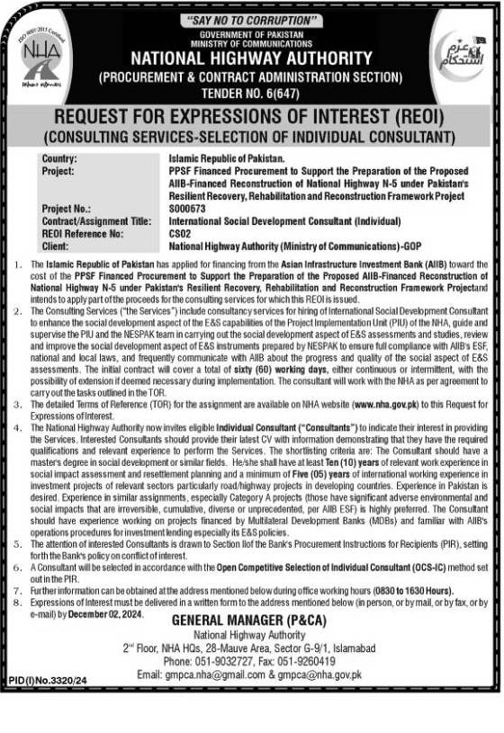 National Highway Authority NHA Jobs 2024 For Consultants