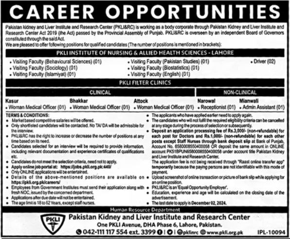 Jobs 2024 in Pakistan Kidney & Liver Institute (PKLI) in Lahore