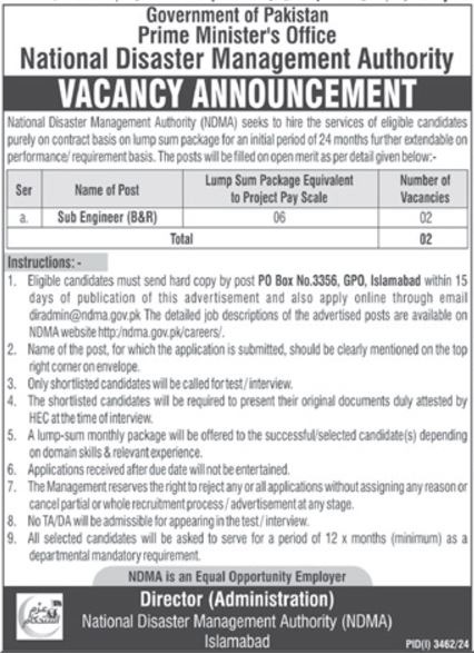 National Disaster Management Authority (NDMA) Jobs in 2024