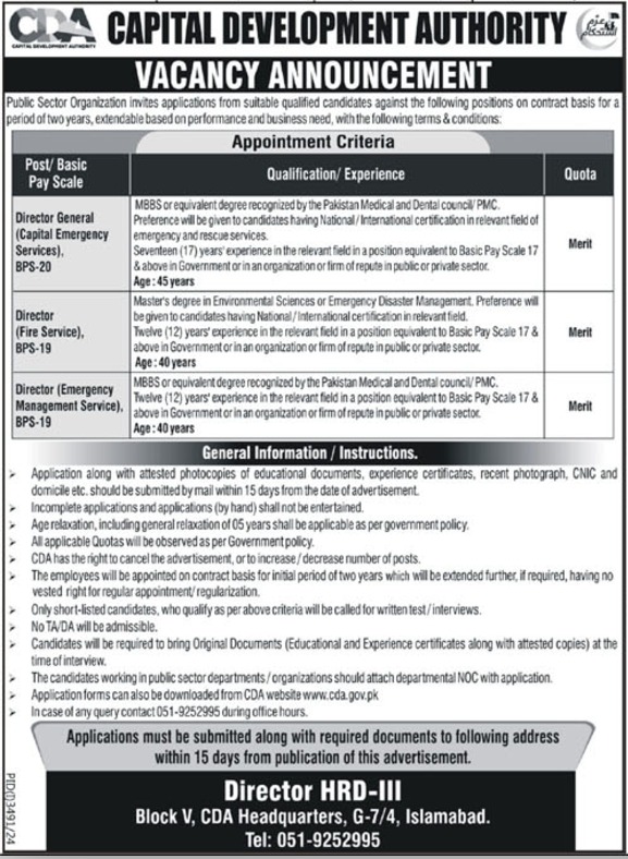 Jobs for Directors and Director General at CDA Islamabad in 2024