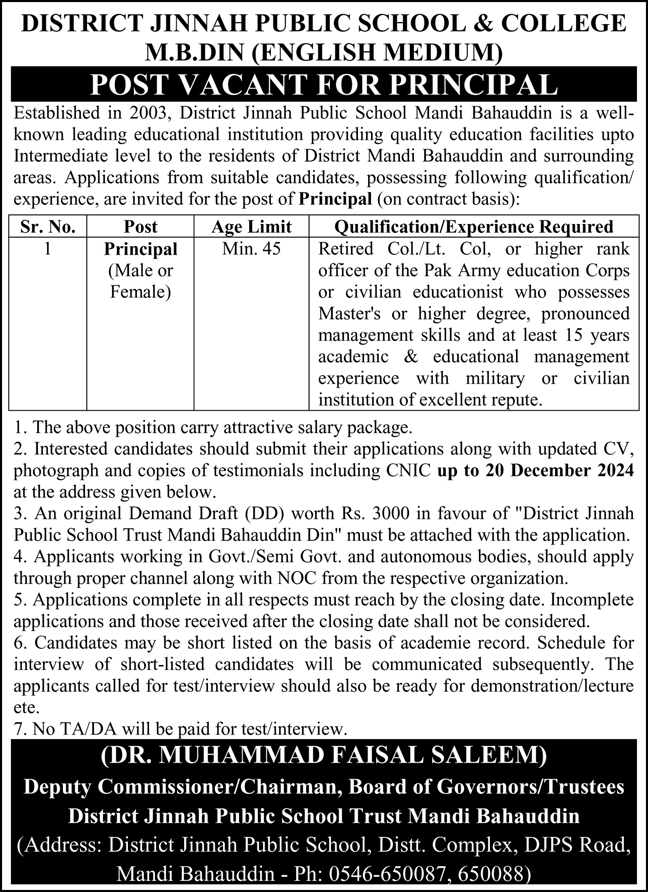 Jobs at Mandi Bahauddin District Jinnah Public School & College