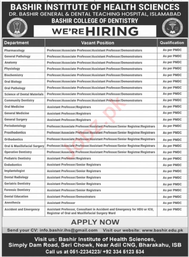 Openings for Employment at Bashir Institute of Health Sciences 2024