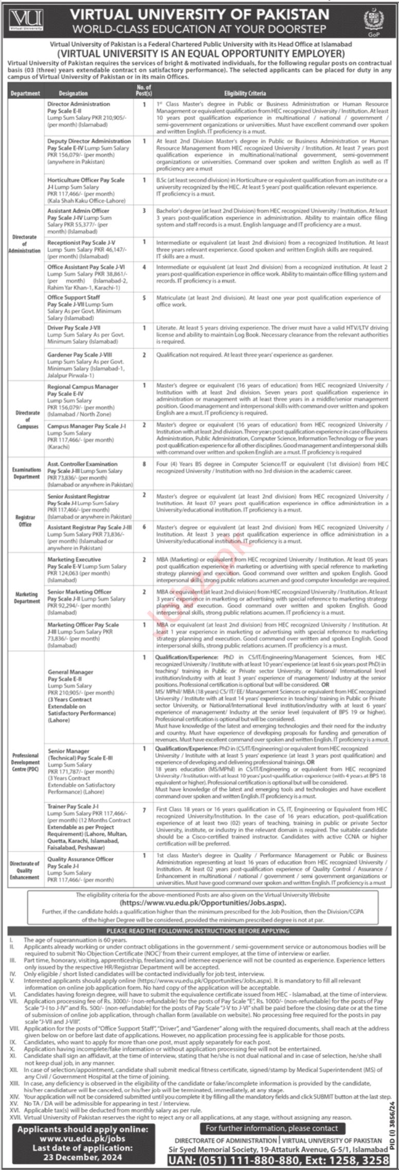 Jobs at the Virtual University of Pakistan in Islamabad for 2024