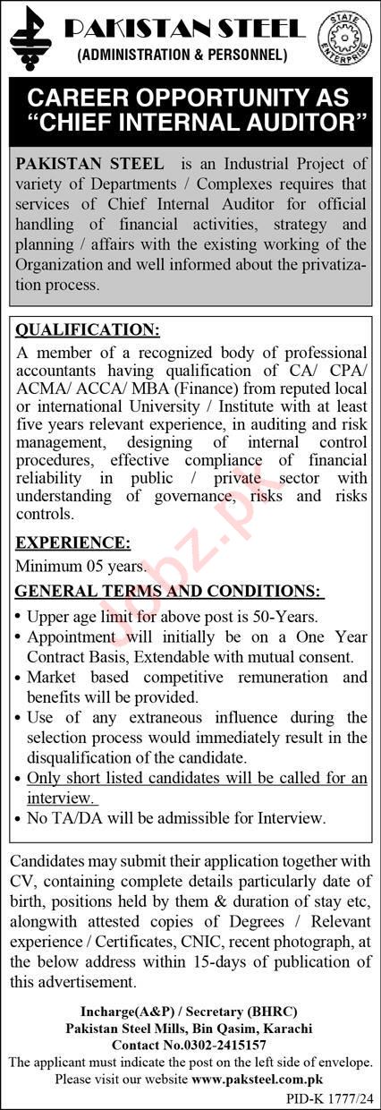 Chief Internal Auditor Jobs at Pakistan Steel, 2024