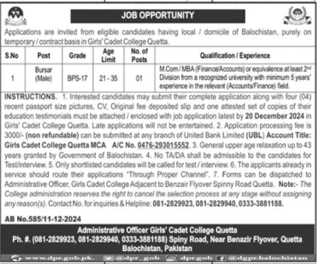 Jobs at Girls Cadet College Quetta for Bursar in 2024