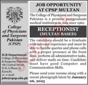 Vacancies as Receptionists at CPSP Multan