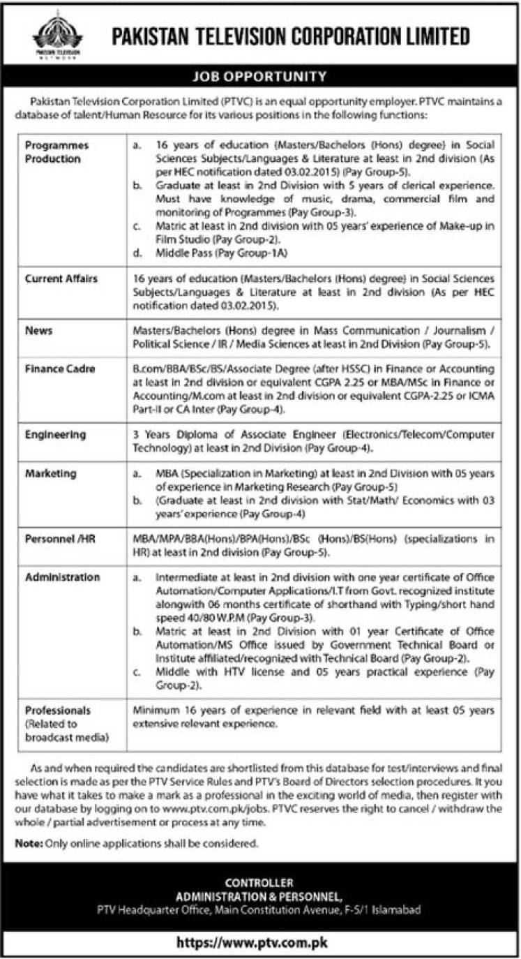 Opportunities at PTV Pakistan Television Corporation Limited in 2025