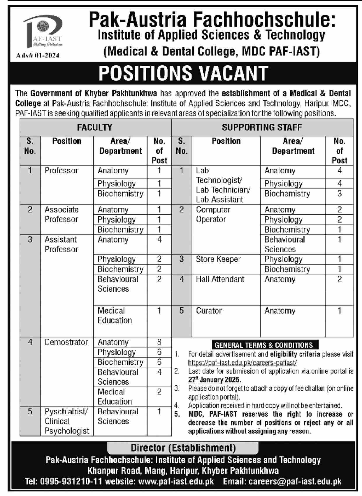 PAF Institute of Applied Sciences Job Openings Announcement