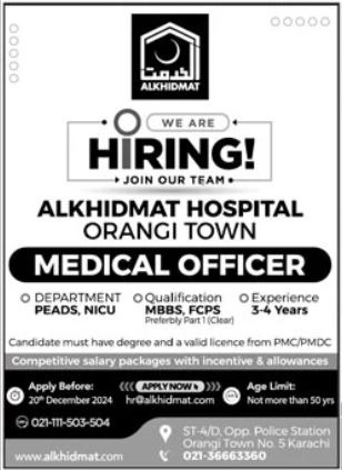 Jobs for Medical Officers at Al Khidmat Hospital in 2024