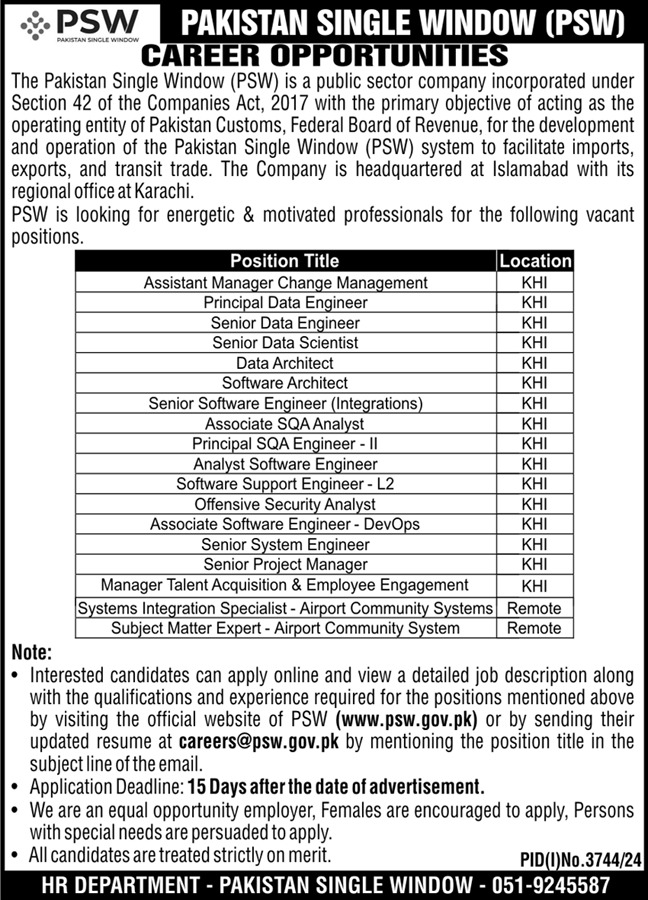 Pakistani Data Architect Single Window PSW Jobs 2024