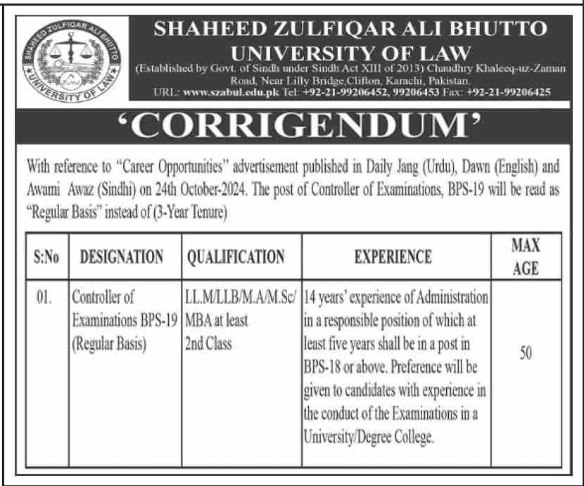 SZABUL Job at Shaheed Zulfiqar Ali Bhutto University of Law