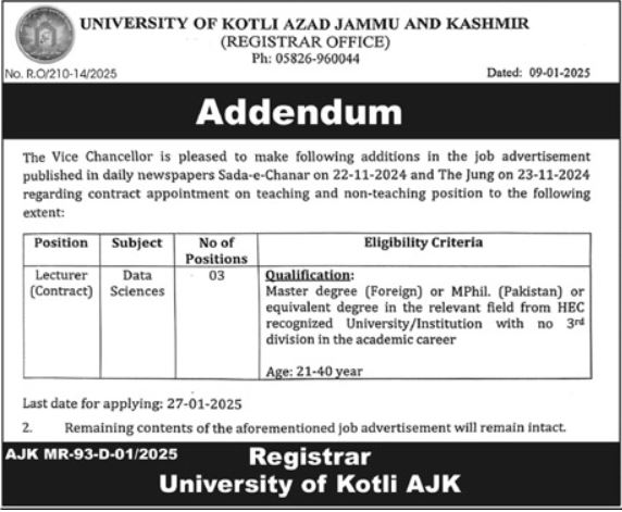 Jobs at the University of Kotli Azad in Jammu and Kashmir for 2025