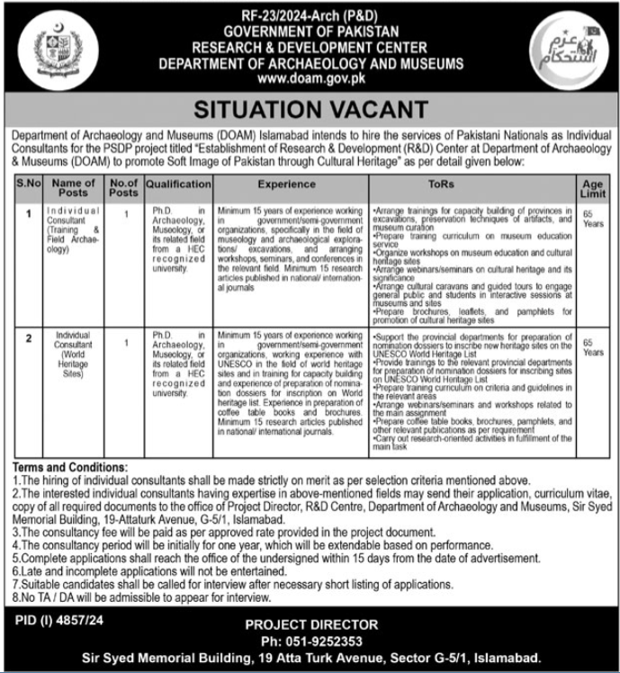 Jobs in the Department of Archaeology & Museums in Islamabad, 2025