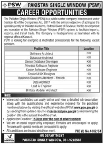 Jobs in Karachi for Pakistan Single Window PSWs 2025