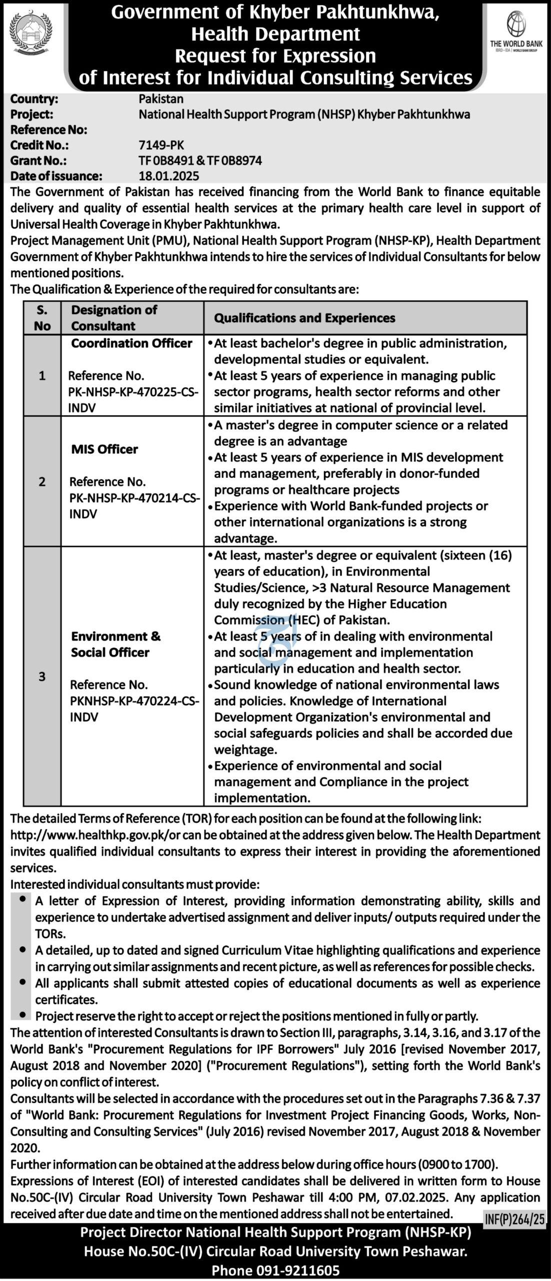 Jobs in NHSP KP Peshawar for the National Health Support Program 