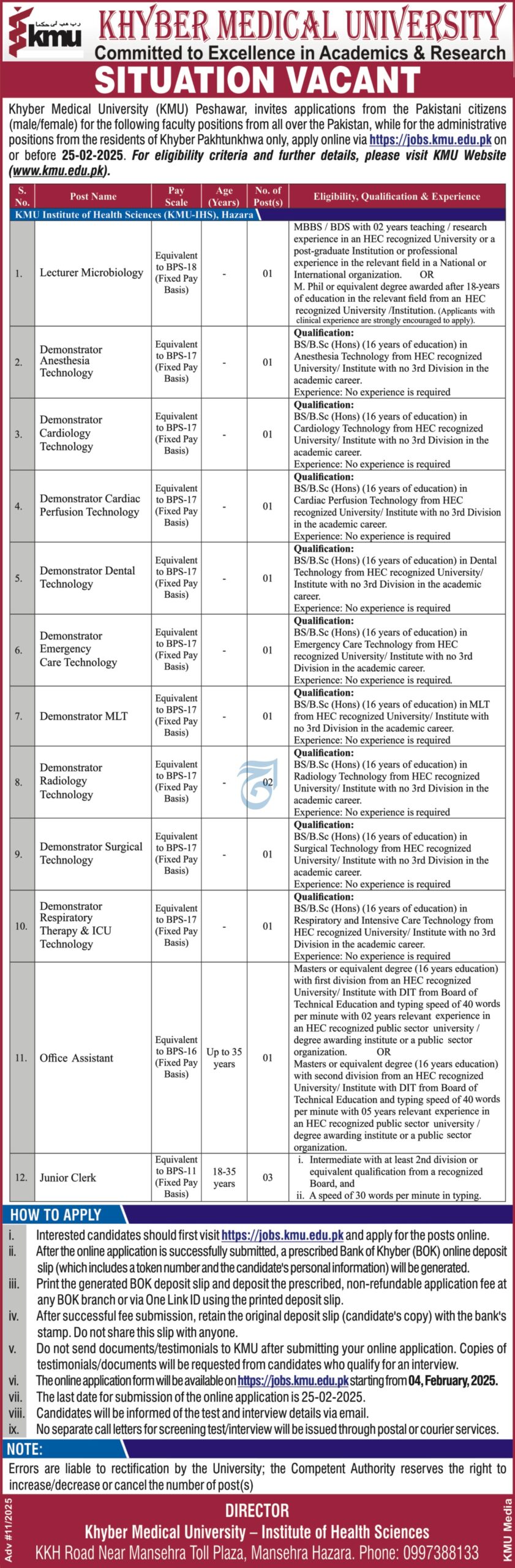 Khyber Medical University (KMU) Lecturer Jobs 2025