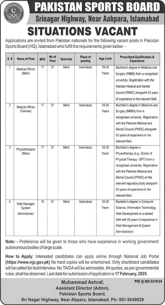 Jobs at the Pakistan Sports Board (PSB) in Islamabad  2025