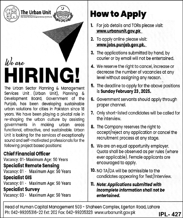 Jobs 2025 For Specialist Survey At The Urban Unit Lahore