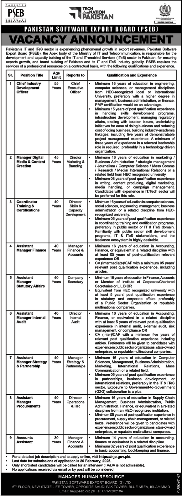 Jobs at the PSEB Pakistan Software Export Board in Islamabad 