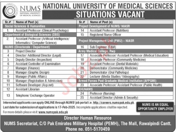 Jobs at National University Of Medical Sciences (NUMS) 2025