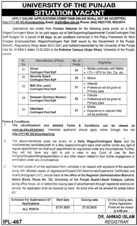 Jobs in Lahore at the University of the Punjab (PU) 2025