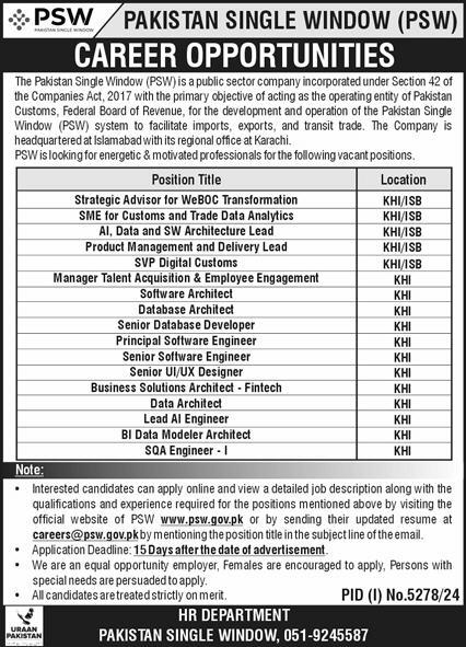 Pakistan Single Window PSW jobs in Islamabad 2025