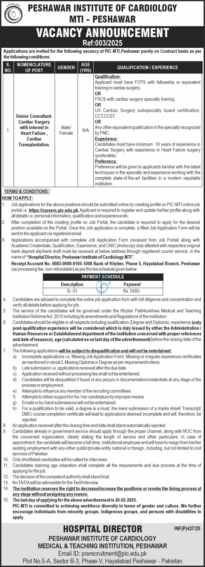 Peshawar Institute of Cardiology Jobs at PIC MTI 2025