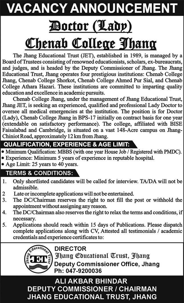 Chenab Collge Jhang Lady Doctor Jobs 2025