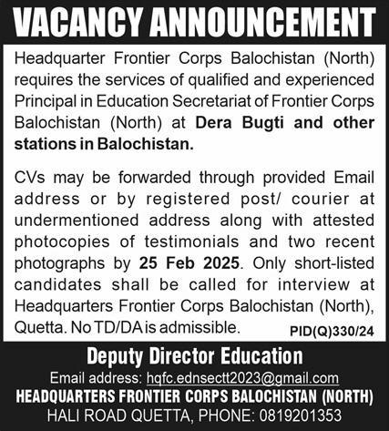Headquarter Frontier Corps Balochistan North Jobs in 2025