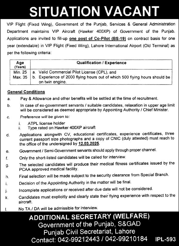 Jobs in the Punjab Civil Secretariat in Lahore for Copilots
