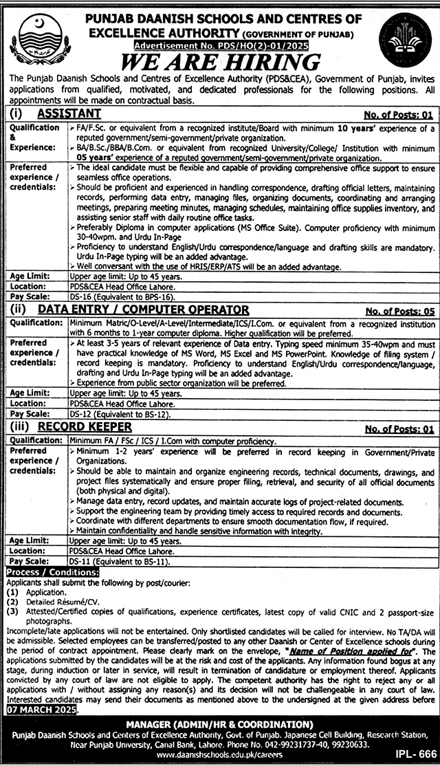 Punjab Daanish Schools Jobs in Lahore 2025