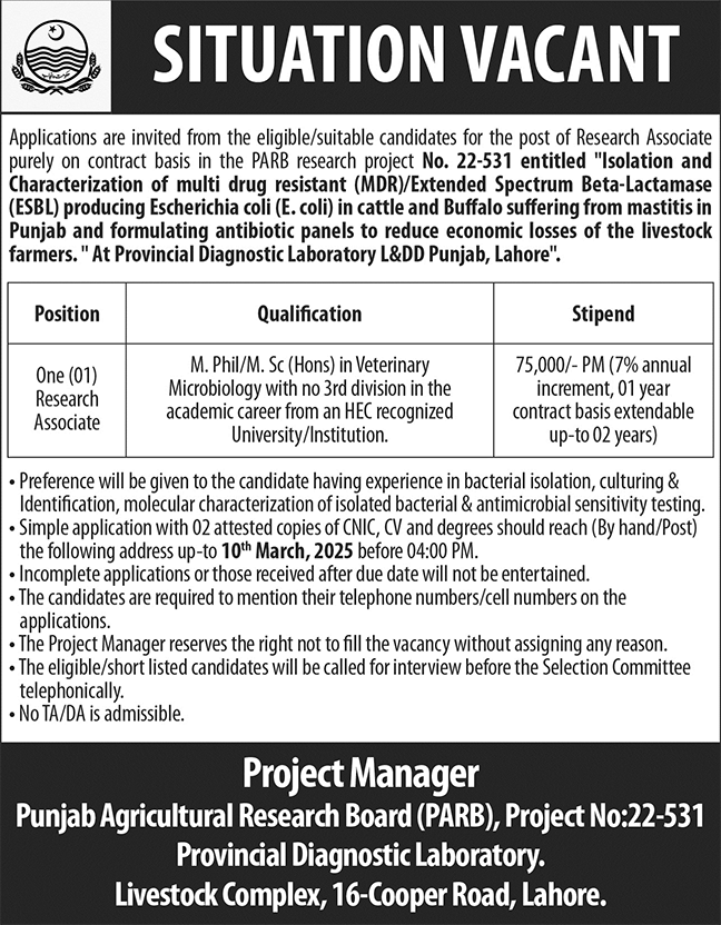 Jobs at Punjab Agriculture Research Board (PARB) Lahore, 2025