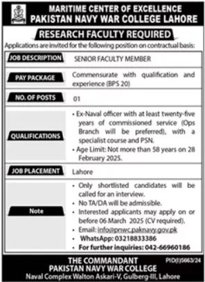 Faculty Jobs at Pakistan Navy War College Research 2025
