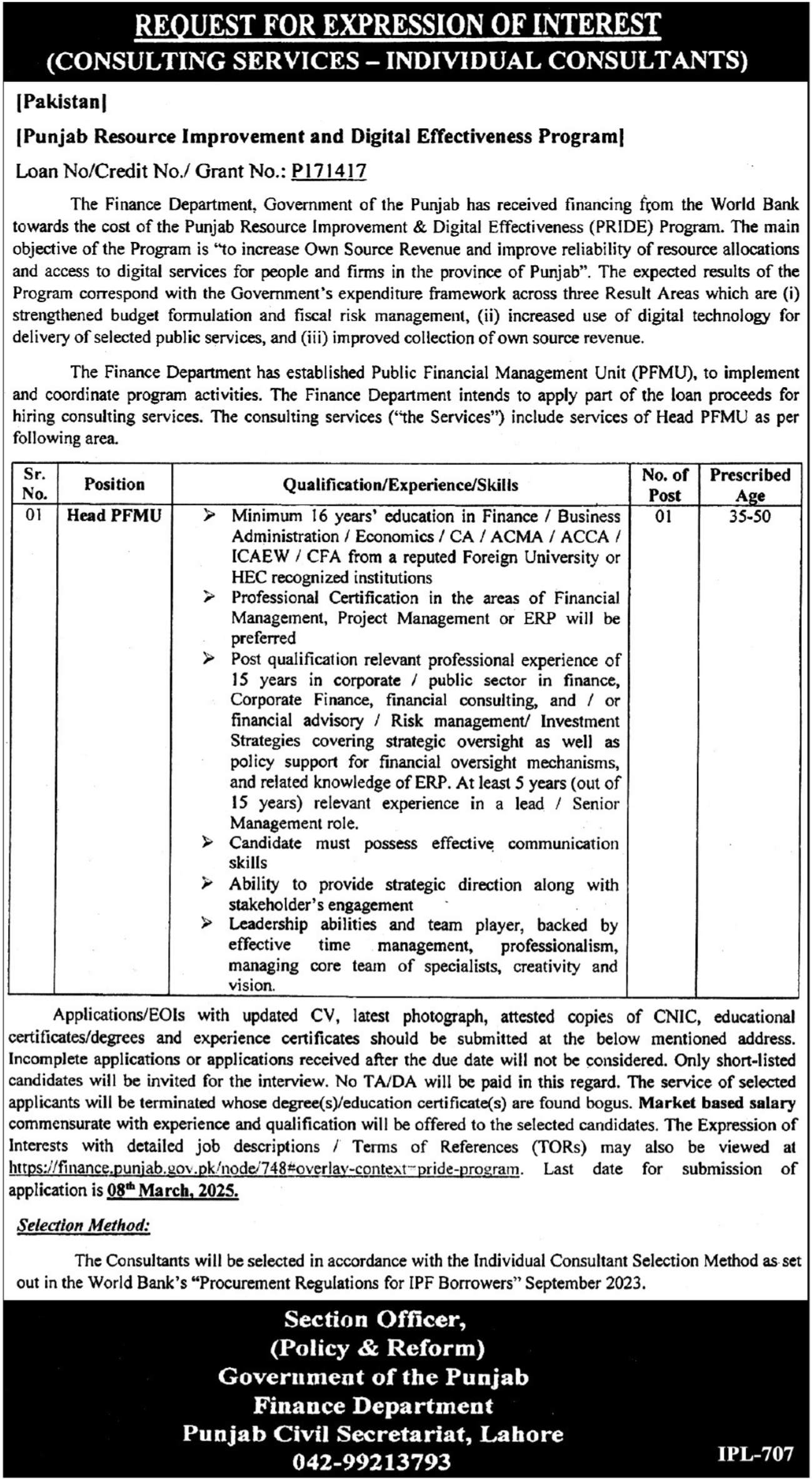 Jobs at the Punjab Civil Secretary's Finance Department in Lahore