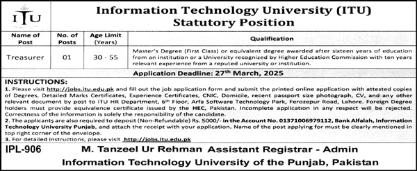 Jobs at the Information Technology University (ITU) Lahore 
