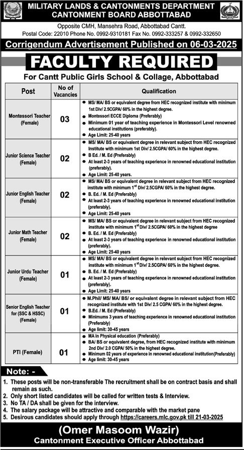 Jobs in the Military Lands & Cantonment Department in Abbottabad 